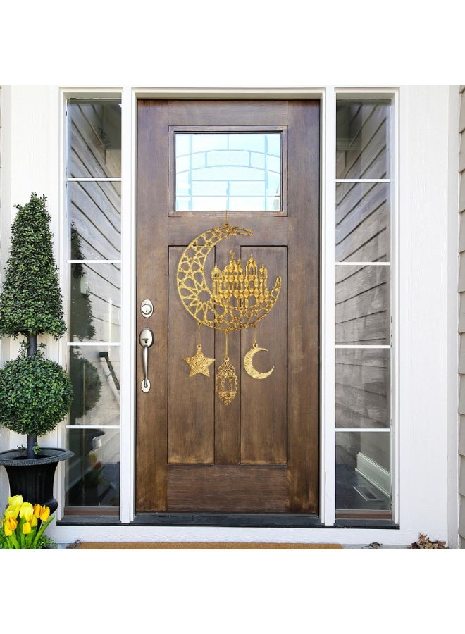 2 Pieces Eid Mubarak Door Sign Wooden Hanging Signs, Ramadan Kareem Hollow Ornament Decorations Moon and Stars, Moon Shape Ramadan Mubarak Party Wood Wall Hanger for Islamic Muslim Home Decor - Image 2