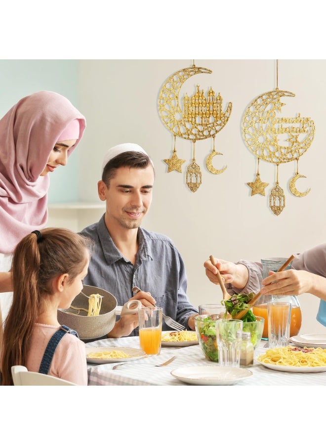 2 Pieces Eid Mubarak Door Sign Wooden Hanging Signs, Ramadan Kareem Hollow Ornament Decorations Moon and Stars, Moon Shape Ramadan Mubarak Party Wood Wall Hanger for Islamic Muslim Home Decor - Image 3