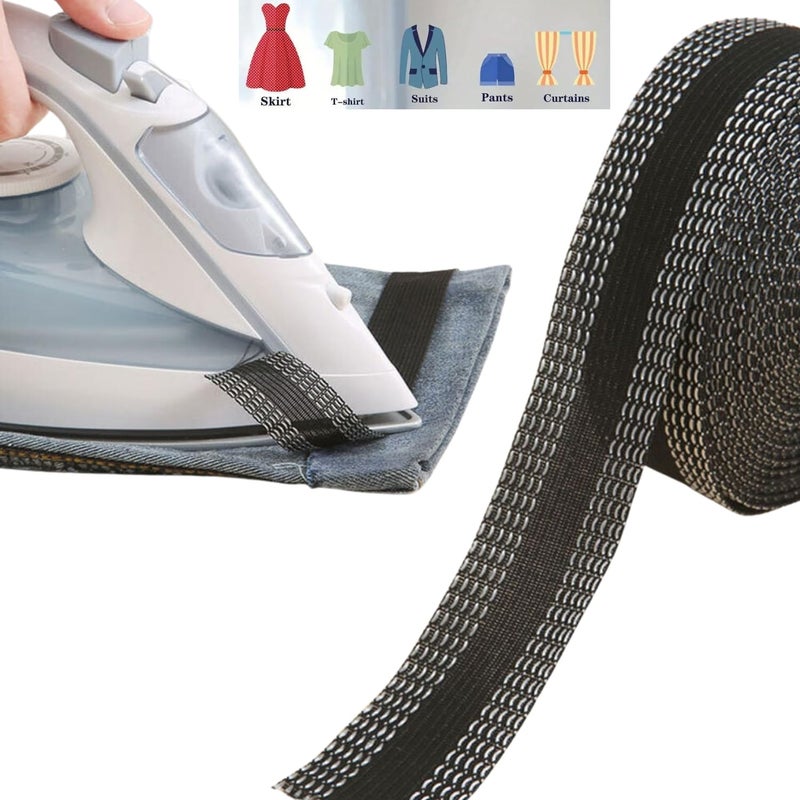 KIDWILL KIDWILL Trousers Fabric Bands, Polyester No Sew Adhesive Hem Tape, Washable and Chemically Washable, No Sewing Required, Fusing Tape for Clothes, for Hems, Jeans, Skirts, Pack of 1 (Black, 5m Roll)  - Image 1