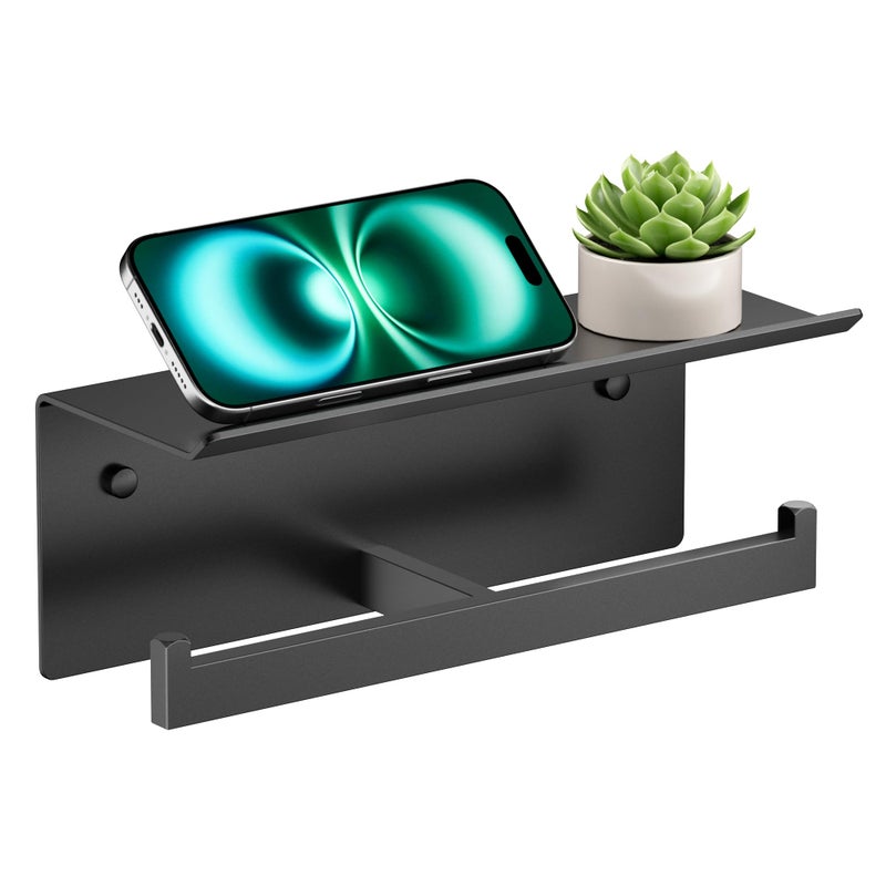 FORIOUS Black Toilet Paper Holder with Shelf, 304 Stainless Steel Wall Mount Commercial Toilet Paper Dispenser, Double Tissue Roll Holder for Bathroom, Matte Black - Image 1