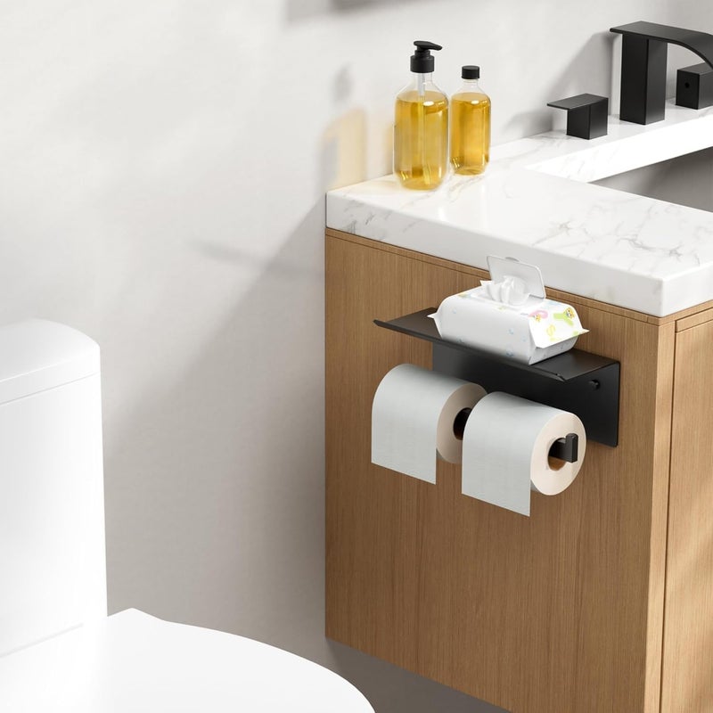 FORIOUS Black Toilet Paper Holder with Shelf, 304 Stainless Steel Wall Mount Commercial Toilet Paper Dispenser, Double Tissue Roll Holder for Bathroom, Matte Black - Image 2