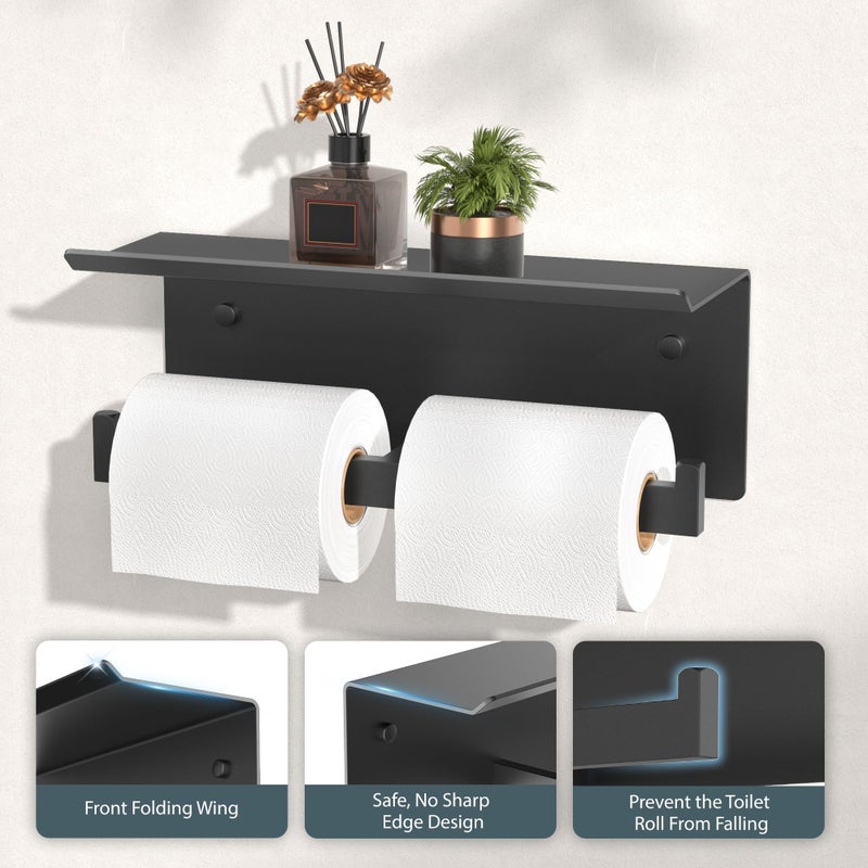 FORIOUS Black Toilet Paper Holder with Shelf, 304 Stainless Steel Wall Mount Commercial Toilet Paper Dispenser, Double Tissue Roll Holder for Bathroom, Matte Black - Image 4