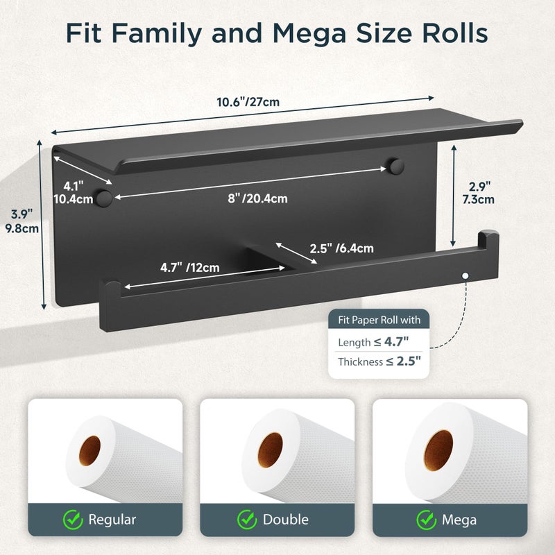 FORIOUS Black Toilet Paper Holder with Shelf, 304 Stainless Steel Wall Mount Commercial Toilet Paper Dispenser, Double Tissue Roll Holder for Bathroom, Matte Black - Image 3
