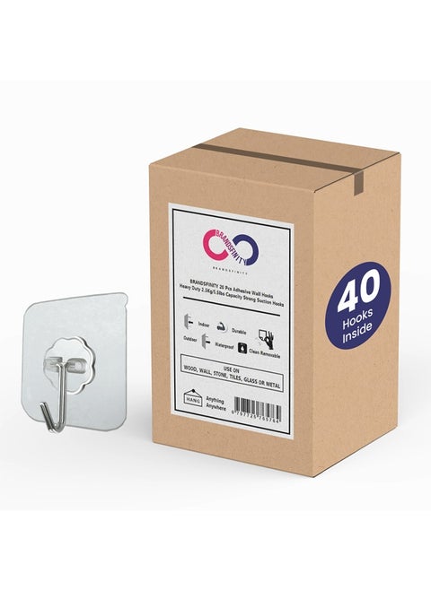 Pack of 40 Self Adhesive Clear Wall Hooks - No Drill Transparent Hooks Perfect For Hanging Towels, Clothes, Calender, Clock, Keys Holds Upto 2.5kg