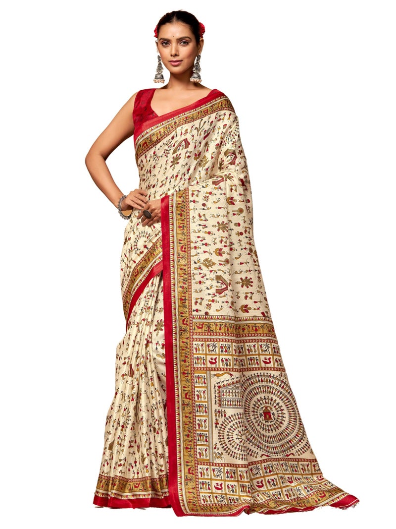 EthnicJunction Women's Art Silk Warli Print Saree With Blouse Piece, Red - Image 1