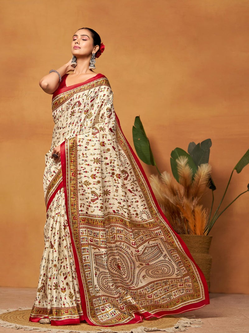 EthnicJunction Women's Art Silk Warli Print Saree With Blouse Piece, Red - Image 3