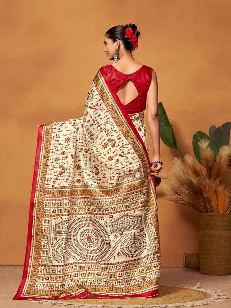 EthnicJunction Women's Art Silk Warli Print Saree With Blouse Piece, Red - Image 5