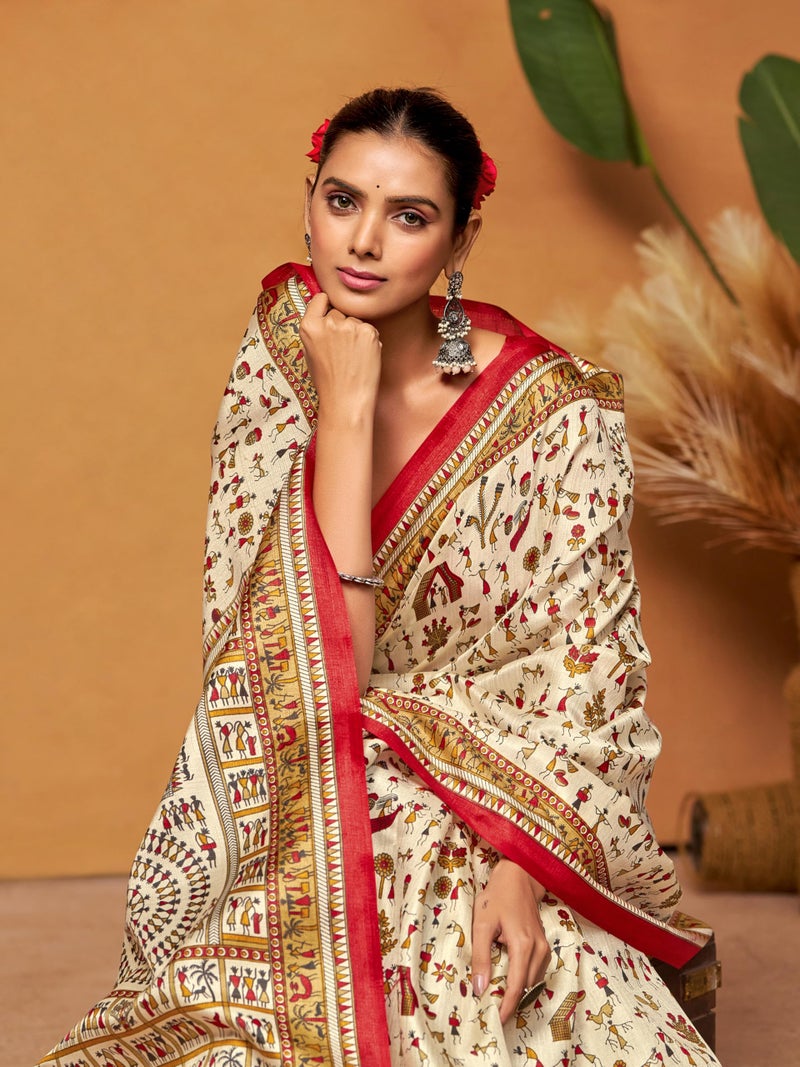 EthnicJunction Women's Art Silk Warli Print Saree With Blouse Piece, Red - Image 4