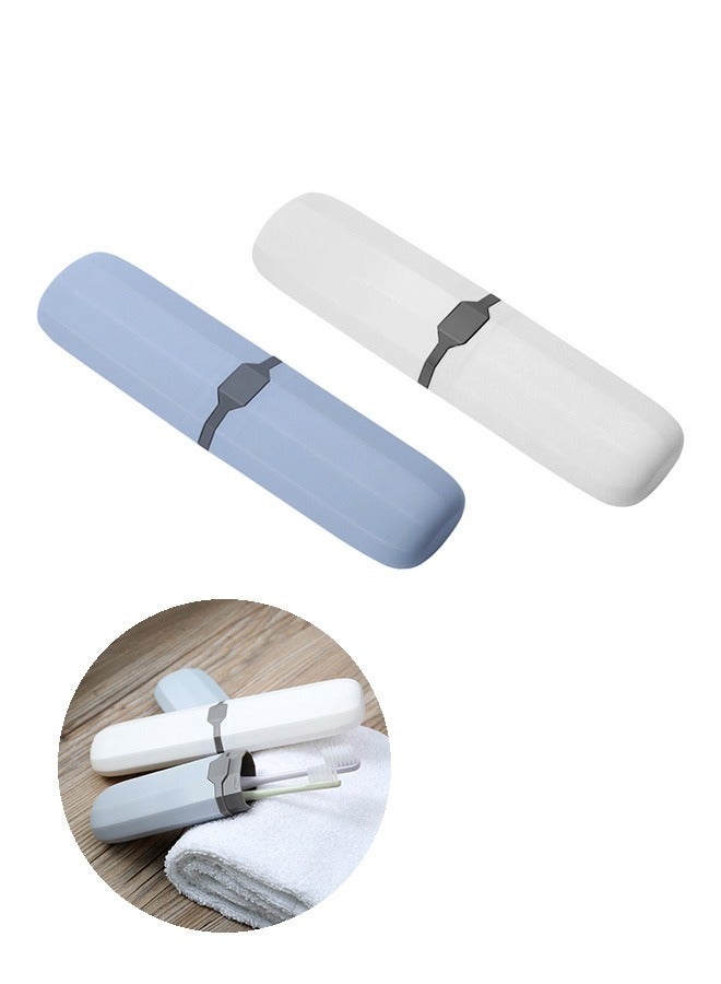 2 Pcs Portable Travel Toothbrush Case, Strong Durable Food Grade PP Plastic Toothbrush Storage Holder, Bottom Vent Hole Dustproof Toothbrush Holder (White+Blue) - Image 1
