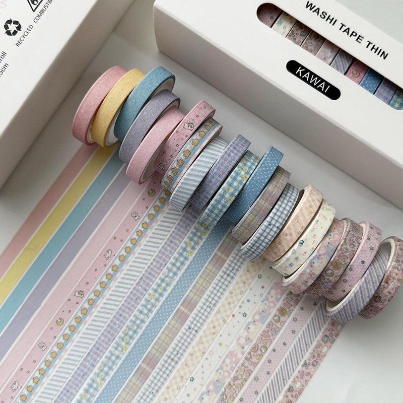 YUBX Vintage Washi Tape Set 20 Rolls Skinny Retro Decorative Antique Patterns Masking Tapes for Arts, DIY Crafts, Journals, Planners, Scrapbook, Wrapping (Kawaii) - Image 2