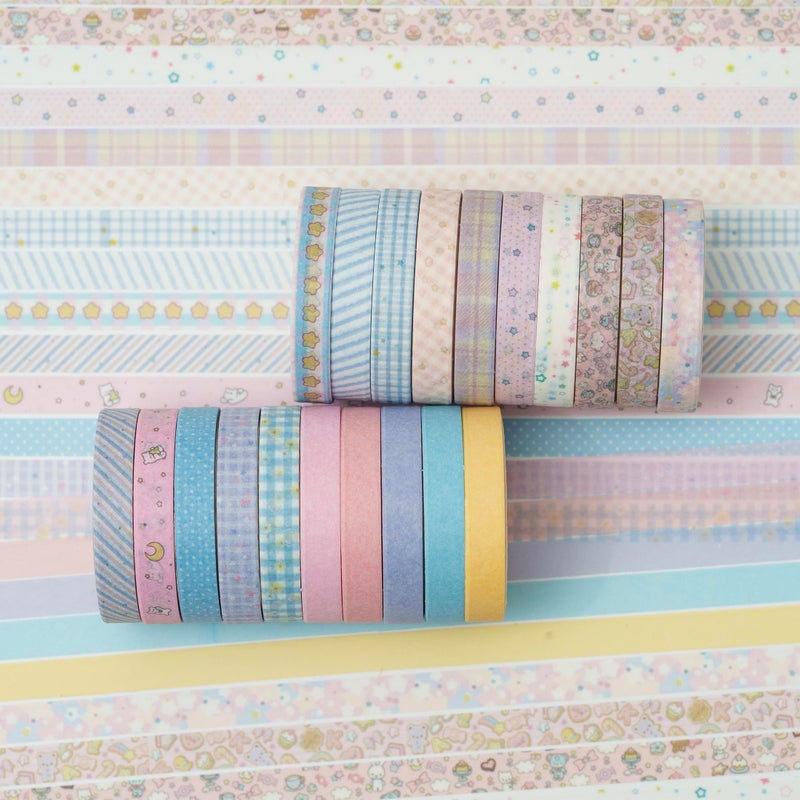 YUBX Vintage Washi Tape Set 20 Rolls Skinny Retro Decorative Antique Patterns Masking Tapes for Arts, DIY Crafts, Journals, Planners, Scrapbook, Wrapping (Kawaii) - Image 3