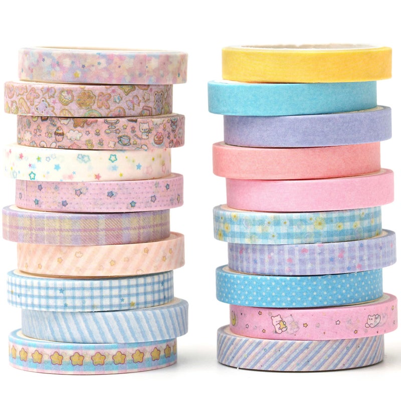 YUBX Vintage Washi Tape Set 20 Rolls Skinny Retro Decorative Antique Patterns Masking Tapes for Arts, DIY Crafts, Journals, Planners, Scrapbook, Wrapping (Kawaii) - Image 1