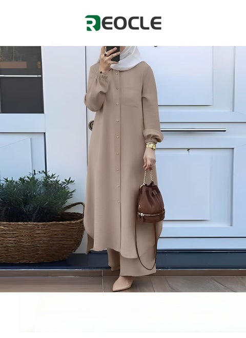 Women's Muslim 2 Pieces Sets Long Sleeve Button Down Shirt and Pants Abaya Casual Dress Dubai Outfits