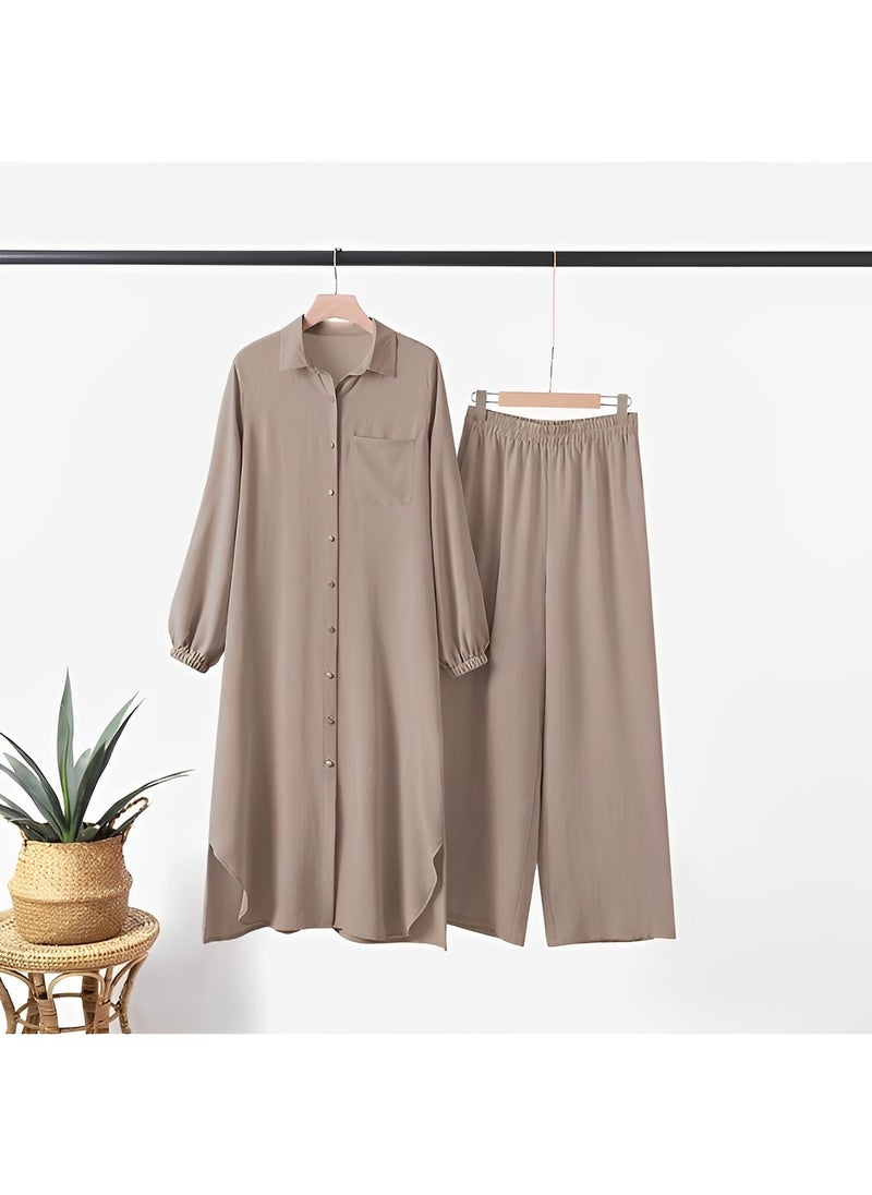 Women's Muslim 2 Pieces Sets Long Sleeve Button Down Shirt and Pants Abaya Casual Dress Dubai Outfits