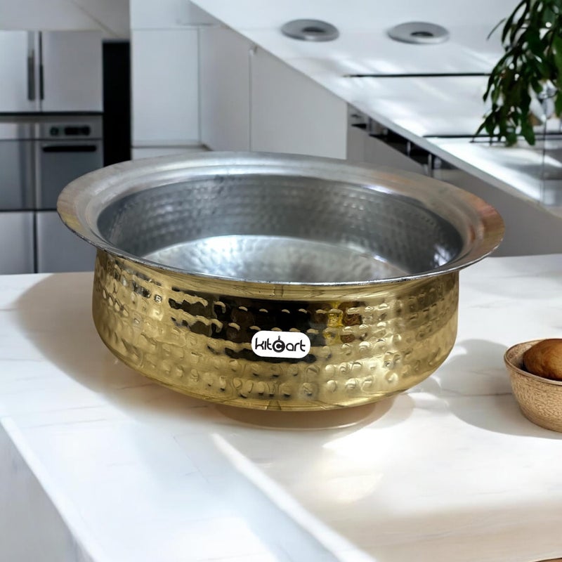Kitcart Brass Lagan Handi 100% Pure Brass Hammered Design- Traditional Handcrafted Cookware for Biryani & Slow Cooking Strong & Durable (4 Liter) - Image 1
