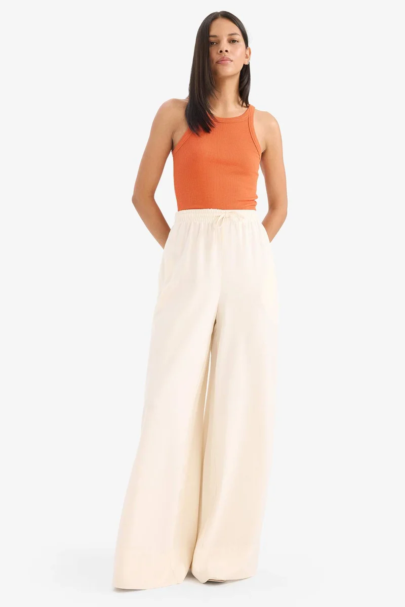 ديفاكتو Wide Leg High Waist Linen Blend Fabric Trousers
