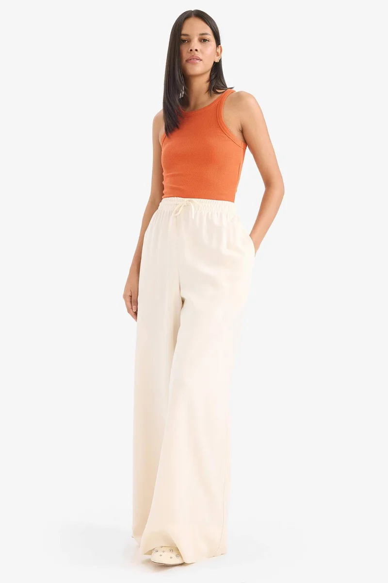 ديفاكتو Wide Leg High Waist Linen Blend Fabric Trousers
