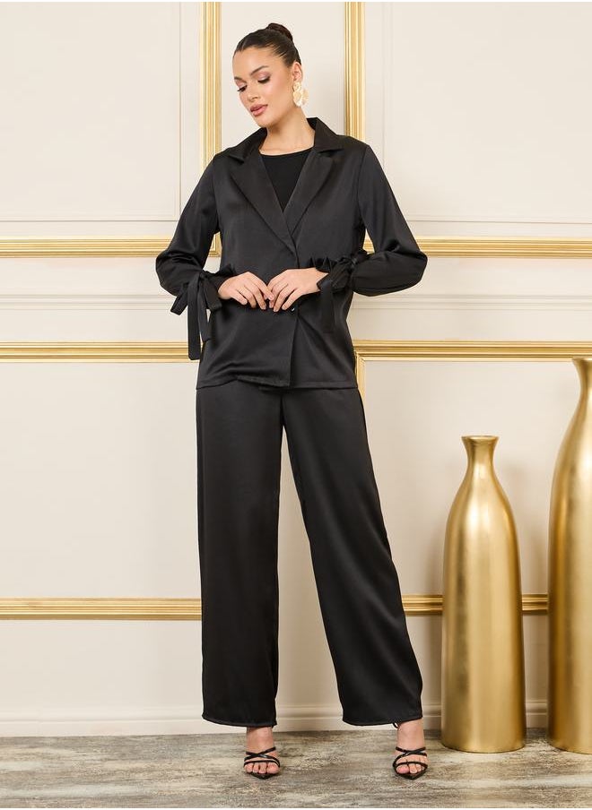 Styli - Tie Cuff Sleeves Notch Lapel Top and Wide Leg Trouser Set - Image 1