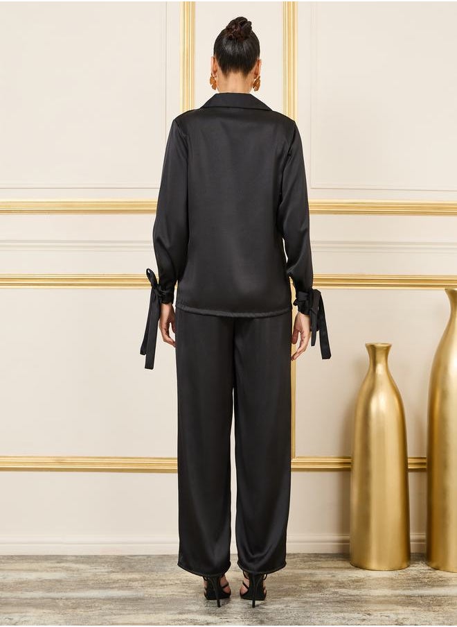 Styli - Tie Cuff Sleeves Notch Lapel Top and Wide Leg Trouser Set - Image 1