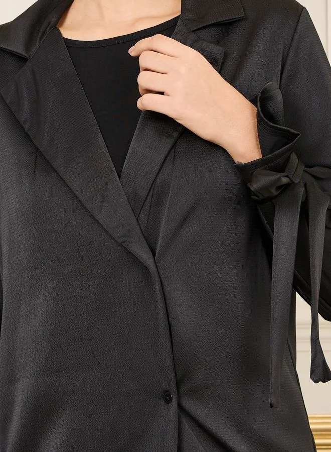 Styli Tie Cuff Sleeves Notch Lapel Top and Wide Leg Trouser Set
