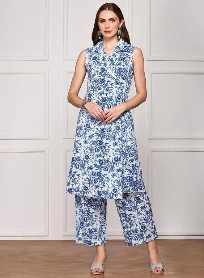 ISHIN Ishin Floral Print Smocked Crop Top with Pants and Tunic Co-Ords