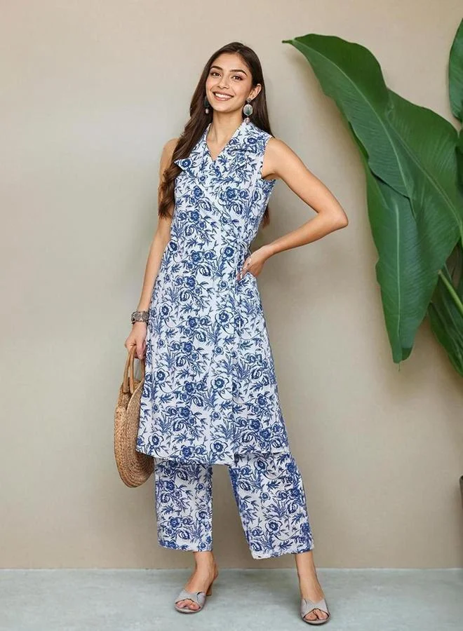 ISHIN Ishin Floral Print Smocked Crop Top with Pants and Tunic Co-Ords