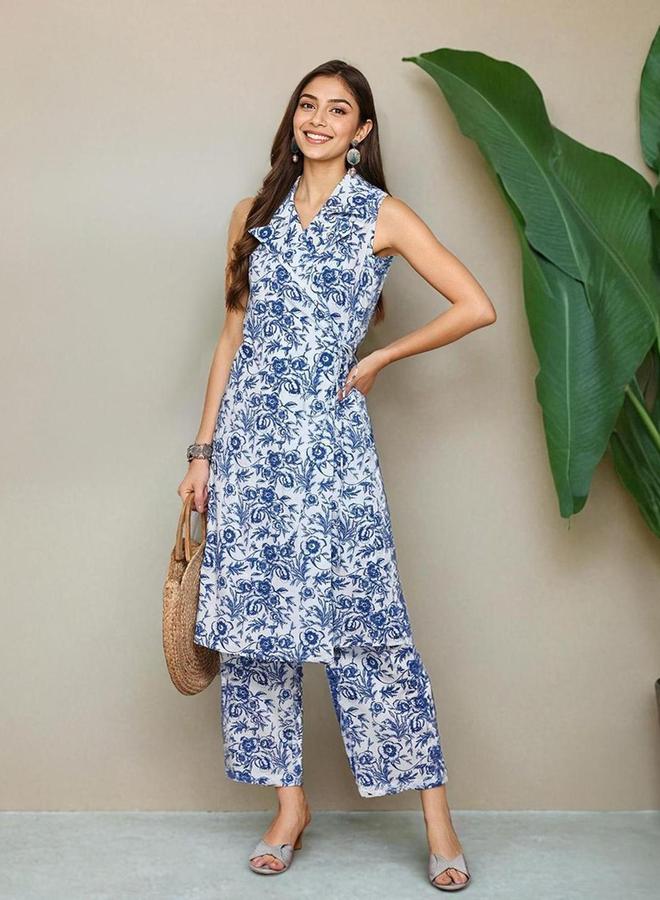 آي شين طقم نسائي من إيشين بلوزة قصيرة مطبوعة بالزهور مع بنطلون وسترة - Image 1