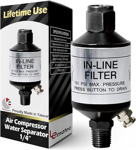 LE LEMATEC Air Compressor Water Separator - 1/4 NPT Inline Moisture Trap, Air Dryer for Pneumatic Tools, HVLP Spray Paint Gun & Airbrush with Easy Drain Valve, AI303 - Image 1
