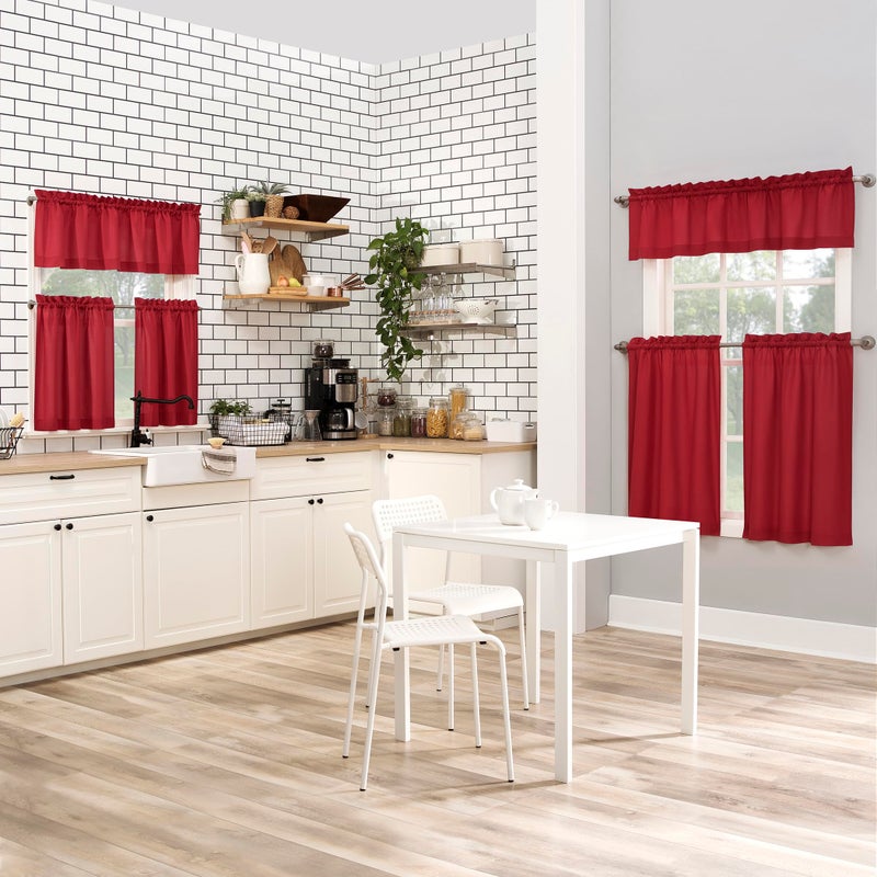 No. 918 Martine Microfiber Semi-Sheer Rod Pocket Kitchen Curtain Valance and Tiers Set, 54" x 36", Red - Image 5