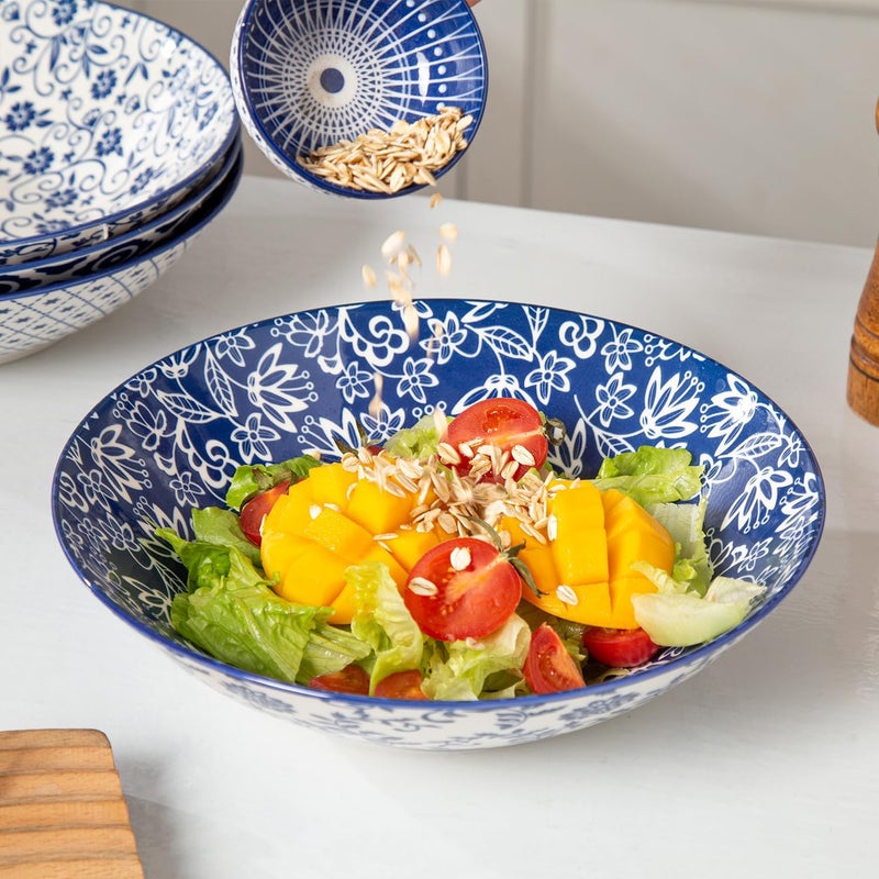 Cerkik Ceramic Pasta Bowls Set  40 Oz Porcelain Large Salad Bowls Serving  9 Inch Wide Shallow Plate Bowls for Eating  Housewarming Wedding Gift  Oven Dishwasher Safe  Set of 4  Vintage Blue - Image 3