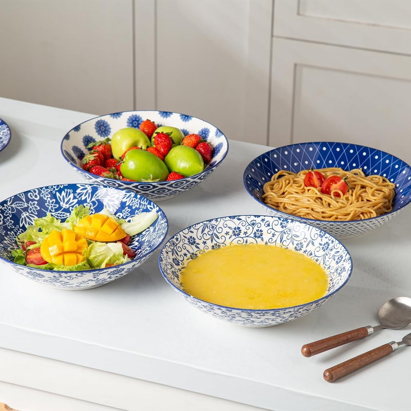 Cerkik Ceramic Pasta Bowls Set  40 Oz Porcelain Large Salad Bowls Serving  9 Inch Wide Shallow Plate Bowls for Eating  Housewarming Wedding Gift  Oven Dishwasher Safe  Set of 4  Vintage Blue - Image 2