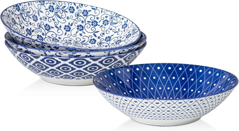 Cerkik Ceramic Pasta Bowls Set  40 Oz Porcelain Large Salad Bowls Serving  9 Inch Wide Shallow Plate Bowls for Eating  Housewarming Wedding Gift  Oven Dishwasher Safe  Set of 4  Vintage Blue - Image 1