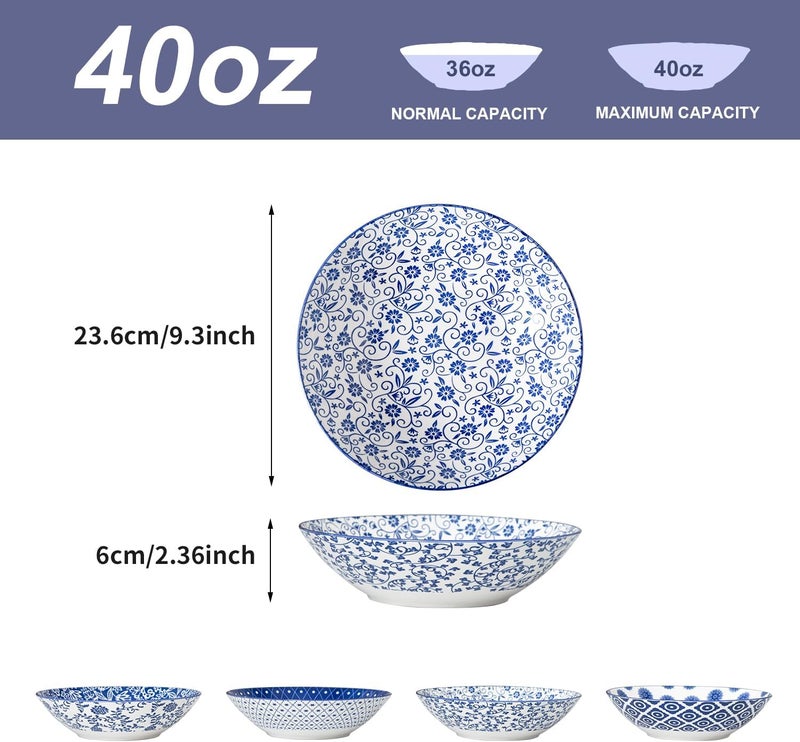 Cerkik Ceramic Pasta Bowls Set  40 Oz Porcelain Large Salad Bowls Serving  9 Inch Wide Shallow Plate Bowls for Eating  Housewarming Wedding Gift  Oven Dishwasher Safe  Set of 4  Vintage Blue - Image 4