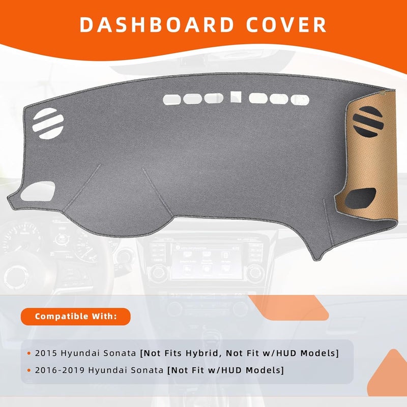 KEYOOG Dashboard Cover Dash Mat Fit for Hy-undai Sonata 2019-2016 (Without HUD Models),Car Dash Board Mat Anti-Glare Carpet,Non-Slip Pad Sunshield Protector (Grey) - Image 2
