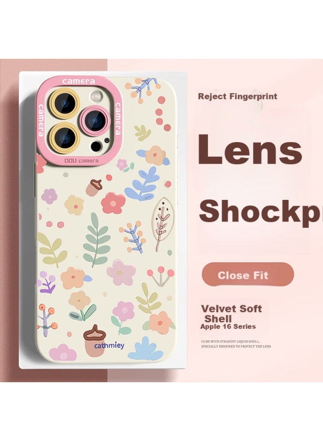 Xp Apple 16 Pro Max Phone Case Lens Full Cover Iphone 16 Pro Max Soft Shell Heat Dissipation Silicone Wind Female Anti-fall Protective Case - Antique White Nut Flower - Image 1