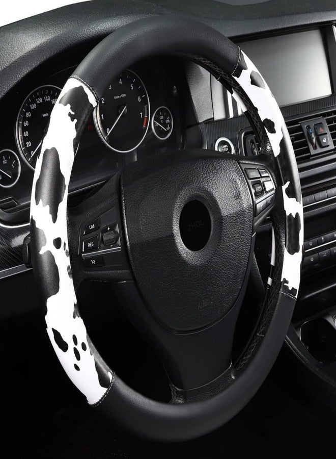 ZHOL Cow Print Car Steering Wheel Cover, Breathable Microfiber Leather for Women and Men, Universal 15 inch Anti-Slip Steering Wheel Protector, Black&White - Image 1