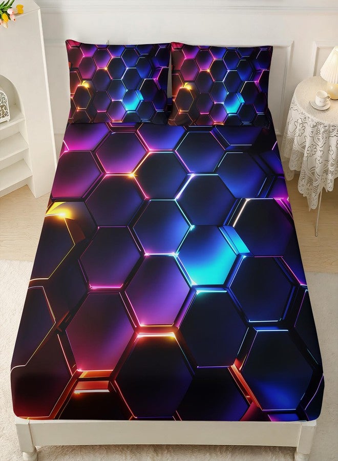 HOSIMA 3D Honeycomb Twin Size Bedding Set,Geometric Hexagon Pattern Fitted Sheet for Kids Teen Boy Room Decor,Lightweight Colorful Neon Lights Twin Bedding,1 Fitted Sheet+2 Pillowcases. - Image 2