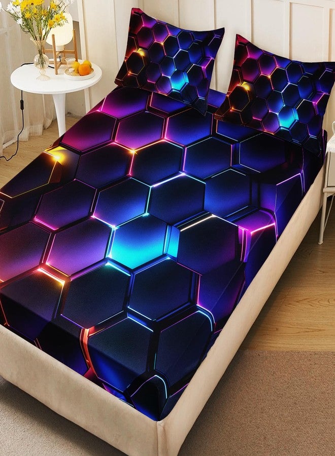 HOSIMA 3D Honeycomb Twin Size Bedding Set,Geometric Hexagon Pattern Fitted Sheet for Kids Teen Boy Room Decor,Lightweight Colorful Neon Lights Twin Bedding,1 Fitted Sheet+2 Pillowcases. - Image 4