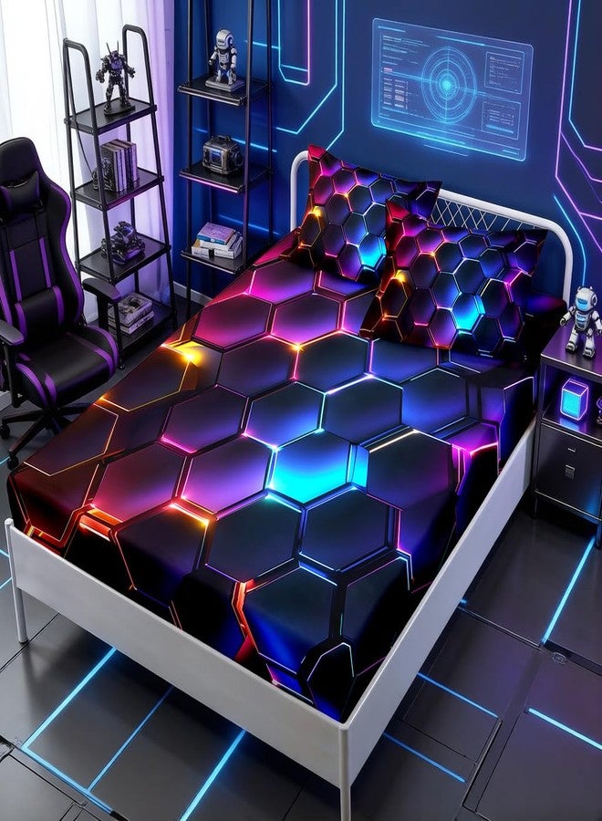 HOSIMA 3D Honeycomb Twin Size Bedding Set,Geometric Hexagon Pattern Fitted Sheet for Kids Teen Boy Room Decor,Lightweight Colorful Neon Lights Twin Bedding,1 Fitted Sheet+2 Pillowcases. - Image 1