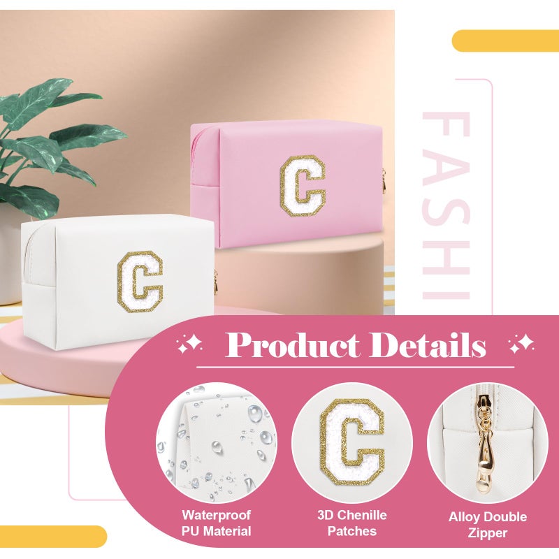 ChaoGreat حقيبة مكياج صغيرة مخصصة من A-Z Preppy Patch باللون الأبيض من Pu Chenille حقيبة مستحضرات التجميل للسفر مع سحاب حقيبة أدوات الزينة اللطيفة هدية مثالية للفتيات المراهقات والنساء المعلمات ووصيفات العروس وحرف C - Image 3