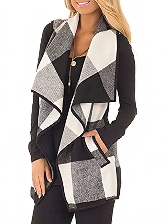 Unidear Womens buffalo Plaid Vest Casual Lapel Open Front Sleeveless Cardigan Jacket Coat with Pockets, #1-white and Black, XL - Image 1