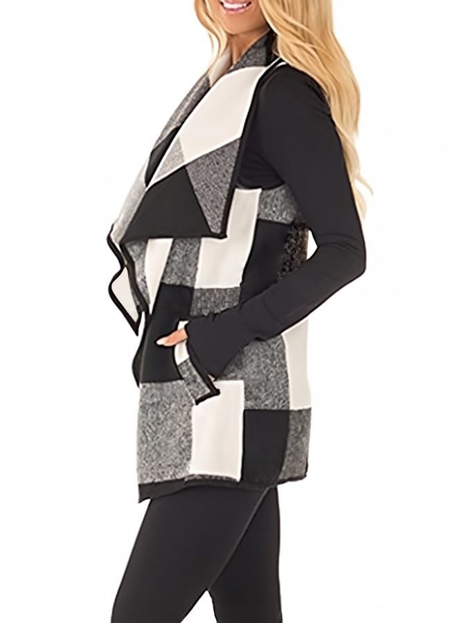 Unidear Womens buffalo Plaid Vest Casual Lapel Open Front Sleeveless Cardigan Jacket Coat with Pockets, #1-white and Black, XL - Image 2