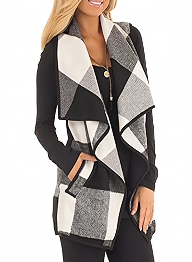 Unidear Womens buffalo Plaid Vest Casual Lapel Open Front Sleeveless Cardigan Jacket Coat with Pockets, #1-white and Black, XL - Image 4
