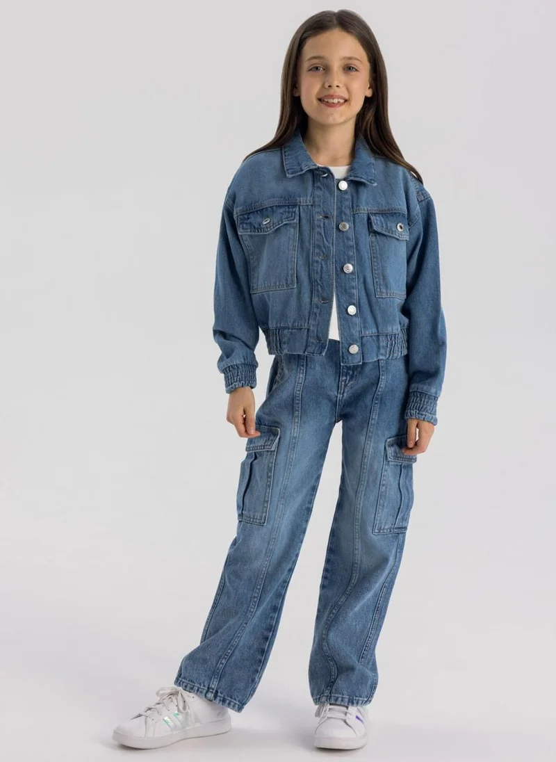 مينوتي Kids Girls Cropped Soft Denim Bomber Jacket