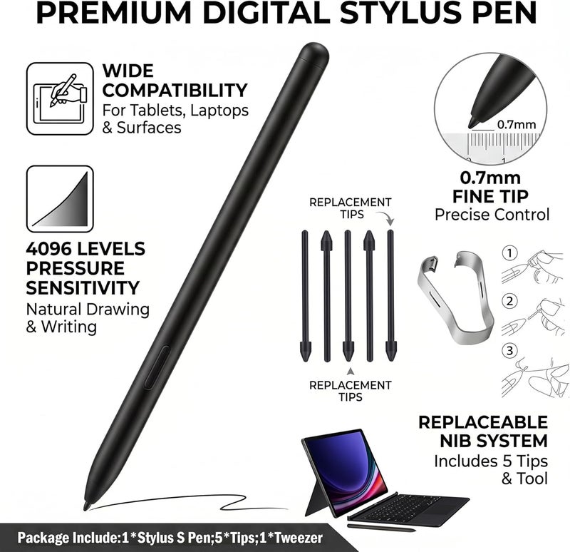 SLAUNT Replacement S Pen Compatible with Samsung Galaxy Tab S9/S9 Plus+S9 Ultra S Pen Stylus with Pen Nib(Grey) - Image 2