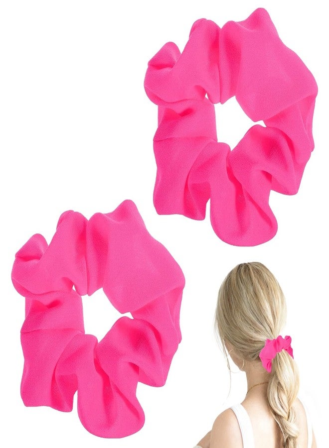 OLLBIT Hot Pink Scrunchie 2PCS Neon Scrunchie 80s Hair Accessories for Women Girl Solid Colors Elastic Hair Ponytail Holder for Party Outfits Workout Costumes and Ponytail Styling (Pink) - Image 1