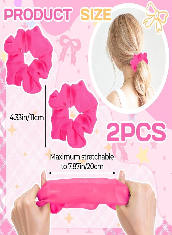 OLLBIT Hot Pink Scrunchie 2PCS Neon Scrunchie 80s Hair Accessories for Women Girl Solid Colors Elastic Hair Ponytail Holder for Party Outfits Workout Costumes and Ponytail Styling (Pink) - Image 2