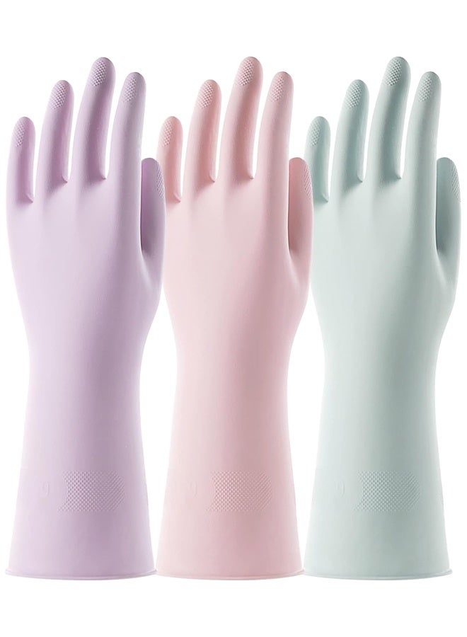 3 Pairs Colorful Household Gloves with Cotton Liner  Non-slip Grip, Water Resistant Reusable Dish Washing Rubber Gloves for Kitchen  Bathroom Cleaning, Medium - Image 1