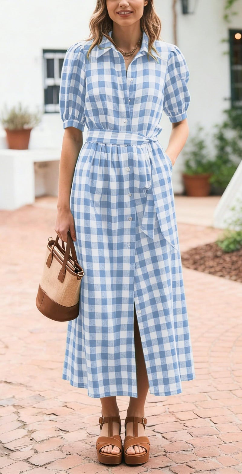 CHARTOU Women Summer Plaid Puff Short Sleeve Dress Button Down Long Shirt Dress with Belt (Small,Blue) - Image 2