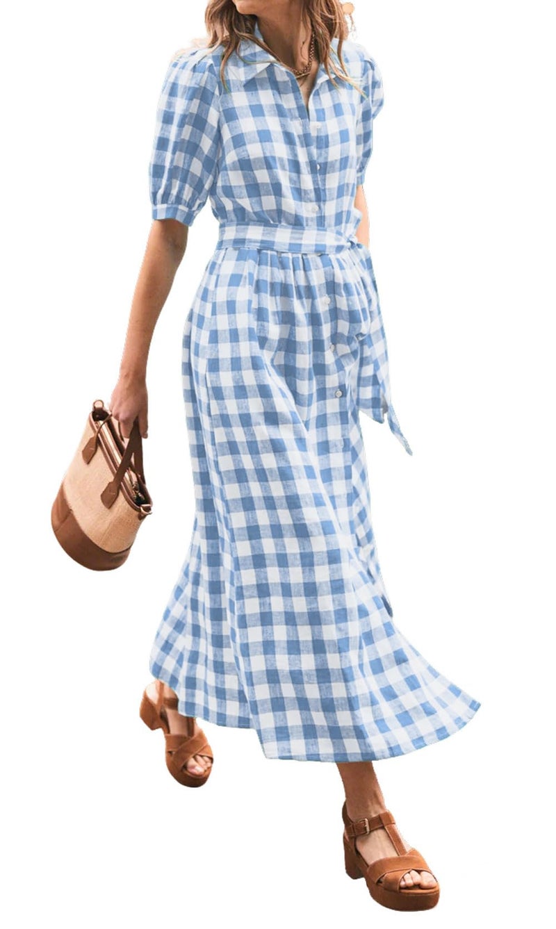 CHARTOU Women Summer Plaid Puff Short Sleeve Dress Button Down Long Shirt Dress with Belt (Small,Blue) - Image 1